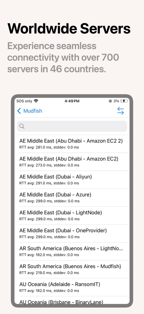 Interfaz de la aplicación Mudfish VPN que muestra una lista de servidores globales con métricas de latencia.