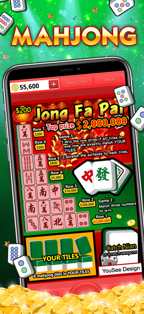 A smartphone screen displaying a Mahjong themed digital scratch off ticket with Chinese New Year symbols and gold coins