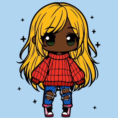 chibi girl with ripped jeans,long hair, and an oversized sweater