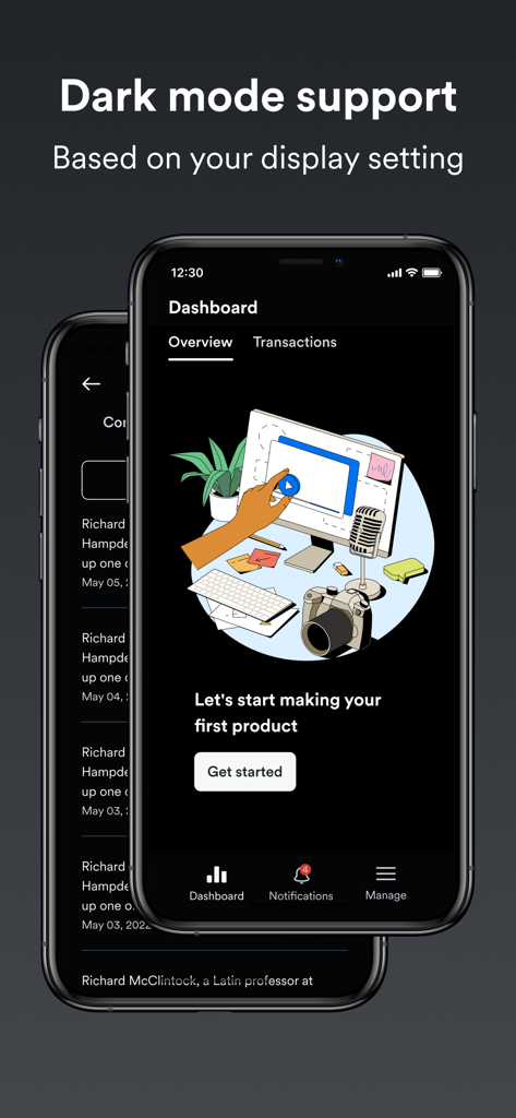 Kajabi Creator - Dashboard dell'app Kajabi Creator e analisi visualizzate in modalità scura su due smartphone