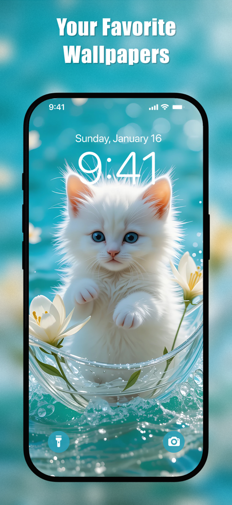 Cute Cat Wallpapers HD - Gatito blanco esponjoso con ojos azules configurado como fondo de pantalla de bloqueo del iPhone