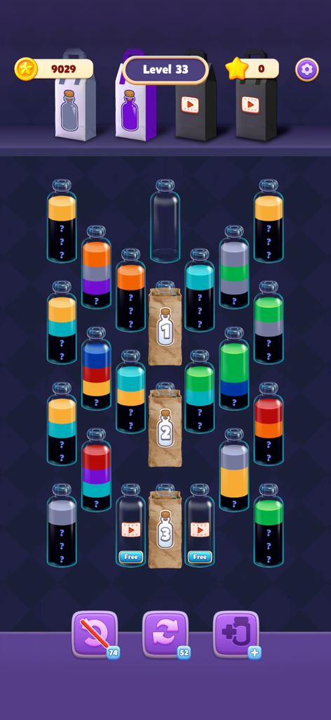 Gameplay screenshot of Water Match ASMR water sort puzzle featuring colorful liquid bottles on Level 33
