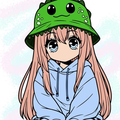 girl with anime shaped eyes with a dinosaur bucket hat oversized sweatshirt long straight hair