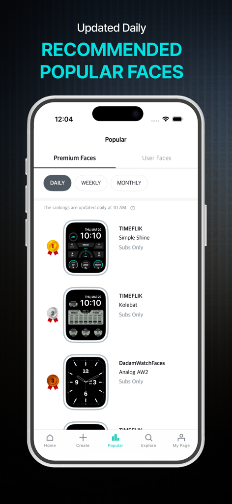 A ranking of popular and premium Apple Watch faces in the TIMEFLIK app.