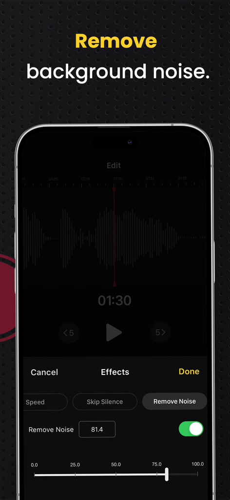 AudiOn: Voice Recorder & Memos - Écran de l'application AudiOn démontrant la fonction de suppression du bruit de fond sur une forme d'onde audio.