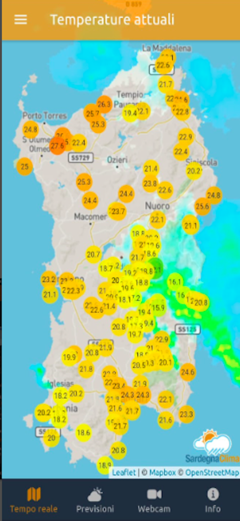 Una mappa della temperatura in tempo reale della Sardegna con sovrapposizioni radar meteorologiche e punti di misurazione locali.