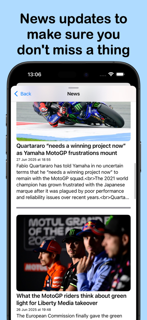 Moto Grid: GP Live Info - Moto Grid app news feed showing MotoGP racing updates and rider articles