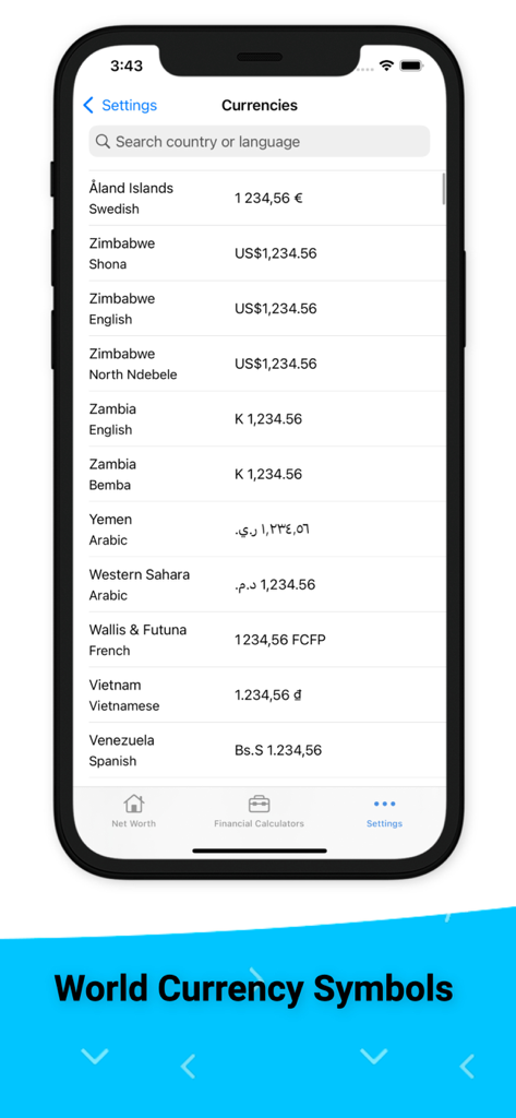 Money Tracker:Expense Tracker - iPhone screen displaying the Currencies settings in the Money Tracker app with a list of global currency symbols.