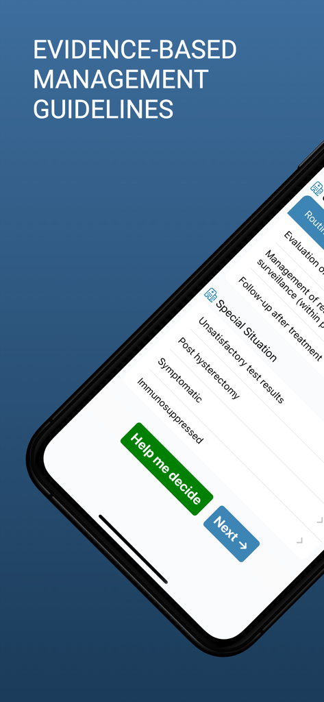 ASCCP Management Guidelines - ASCCP app interface showing evidence-based management guidelines for cervical cancer screening clinical decisions