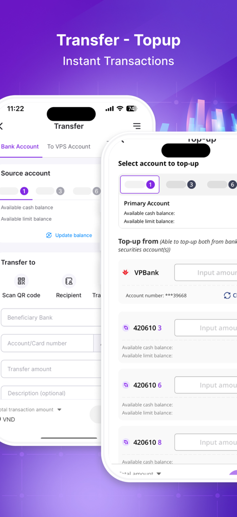 VPS SmartOne - VPS SmartOne app interface for money transfers and account top-up features