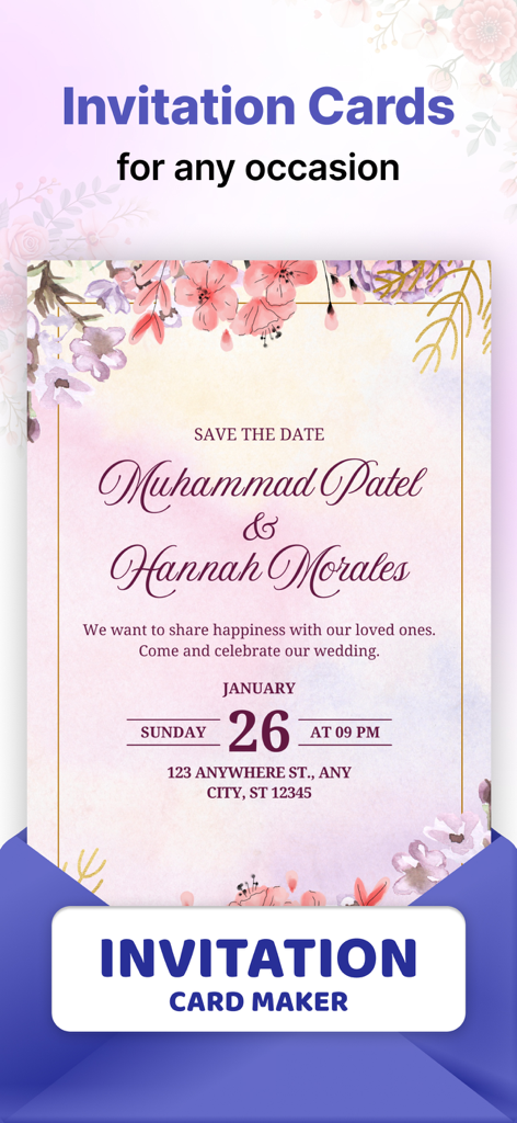 Invitation Card & Design Maker - Un élégant modèle d'invitation de mariage floral avec des fleurs roses et une typographie professionnelle sur un écran d'application mobile.