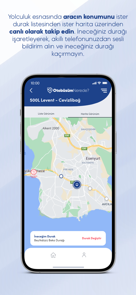 Real-time tracking of an Istanbul bus route on a digital map within the Otobusum Nerede app.