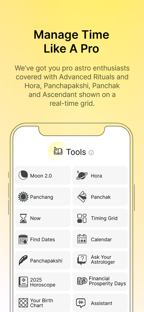 Screenshot of the align27 app showing various Vedic astrology tools including Hora, Panchang, and a Timing Grid for time management.