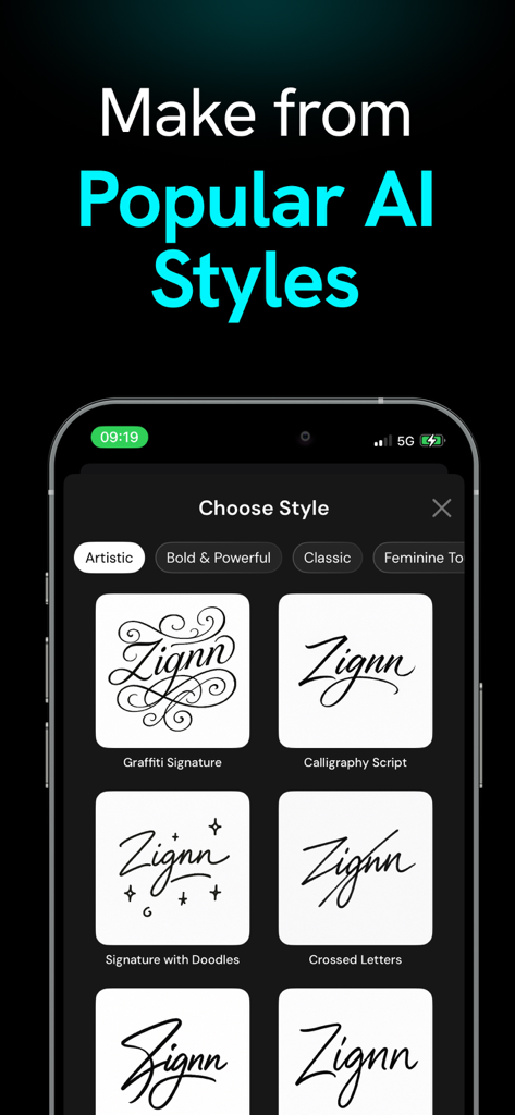 AI Signature Maker・Generator - Interfaz que muestra varios estilos de firma generados por IA como caligrafía y grafiti en la app Zignn.