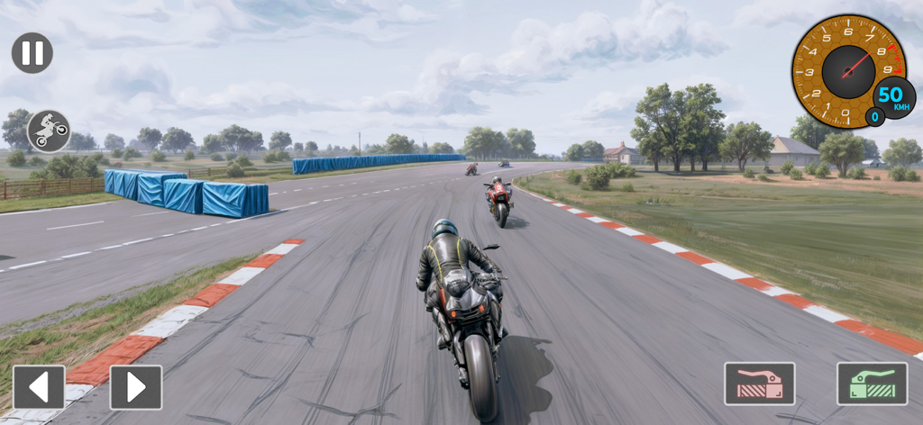 Un corredor de moto en una pista de asfalto con elementos de interfaz de juego