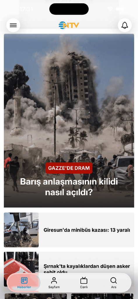 Interfaz móvil de la aplicación de noticias NTV mostrando titulares turcos y últimas noticias