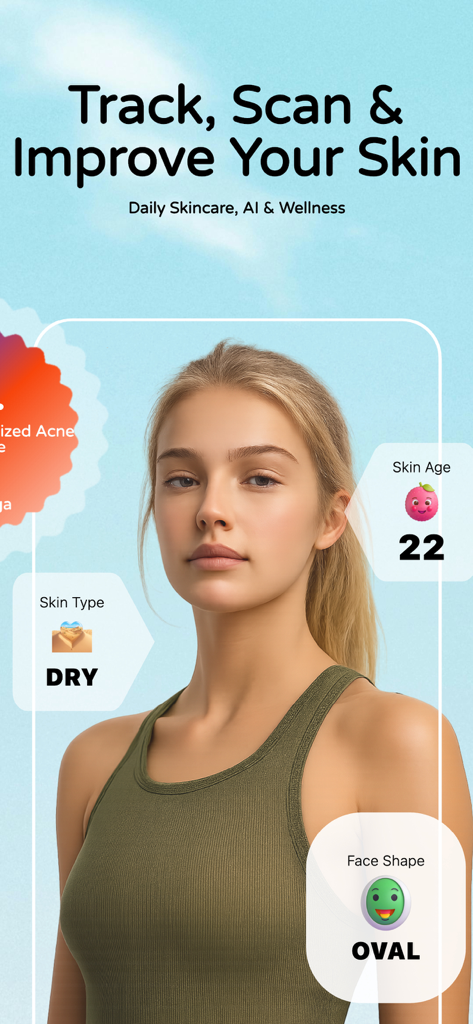Acnetic: Daily Acne Care - Acnetic app screen showing AI skin analysis results for skin age, skin type and face shape