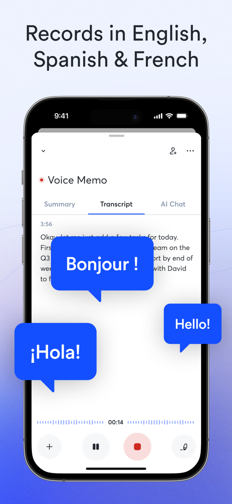 Otter Transcribe Voice Notes - Otter AI App-Oberfläche auf einem Smartphone, die Echtzeit-Transkription in Englisch, Spanisch und Französisch zeigt.