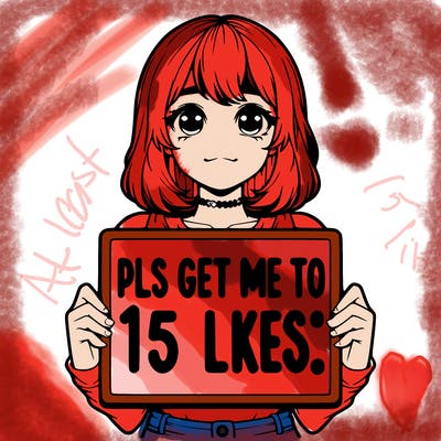 realistic girl holding up a sign that says “pls get me to 15 likes!”