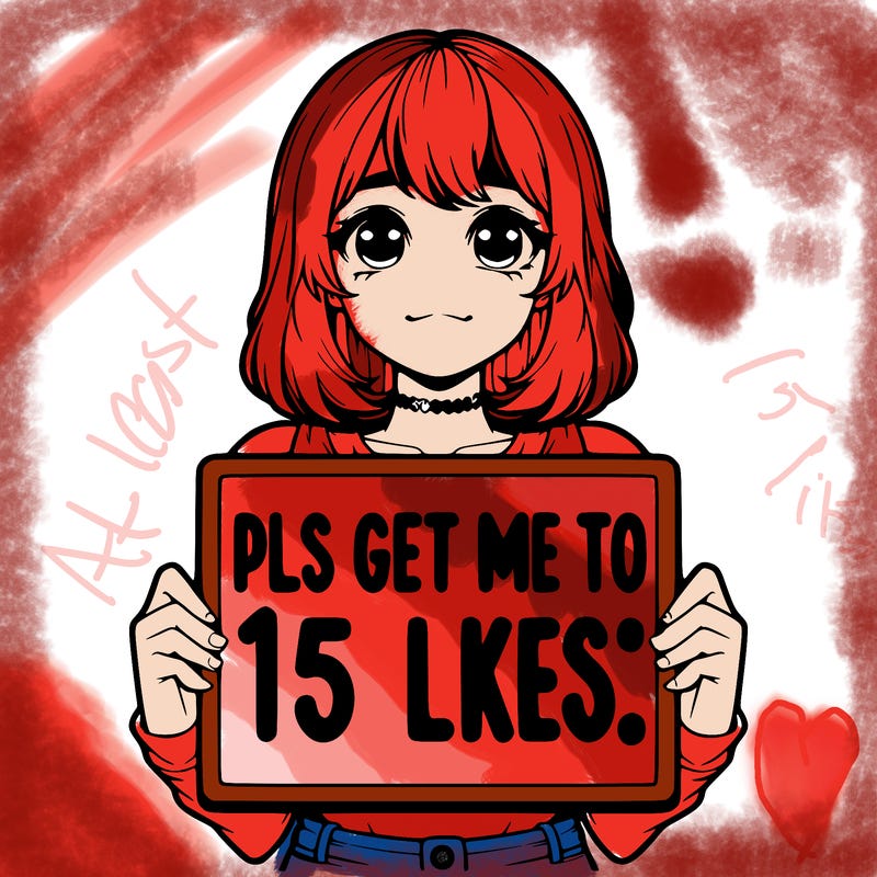 realistic girl holding up a sign that says “pls get me to 15 likes!”