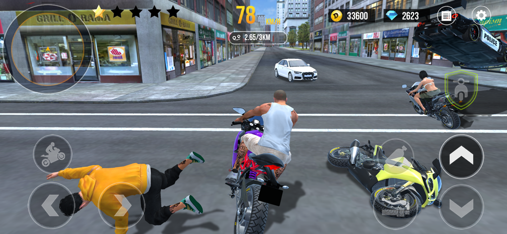 Gameplay screenshot of a motorcycle simulator featuring a city street scene with a crash and a flying police car