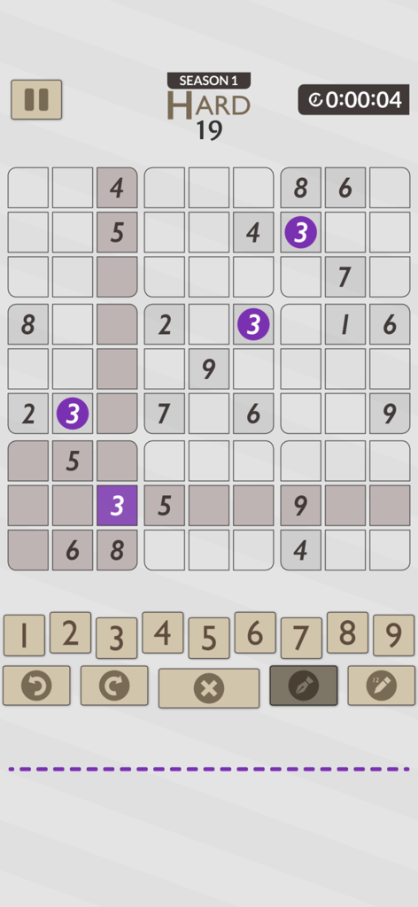Gameplay screen of Sudoku Purple showing a logic puzzle on hard difficulty with a minimalist user interface.
