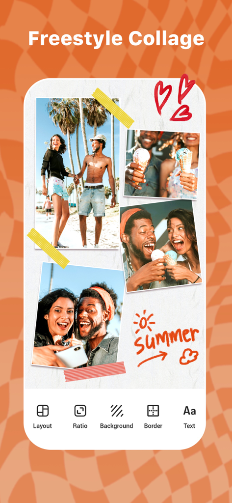 A scrapbook style freestyle collage featuring summer photos with hand drawn hearts and text