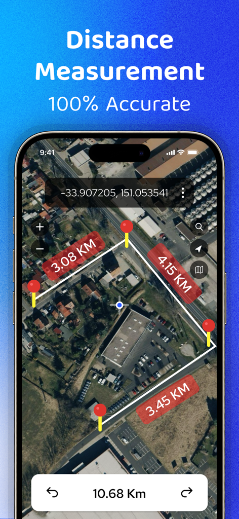 GPS Coordinator Area Measure - Interfaz de la aplicación Coordenadas GPS que muestra marcadores de medición de distancia en un mapa satelital.