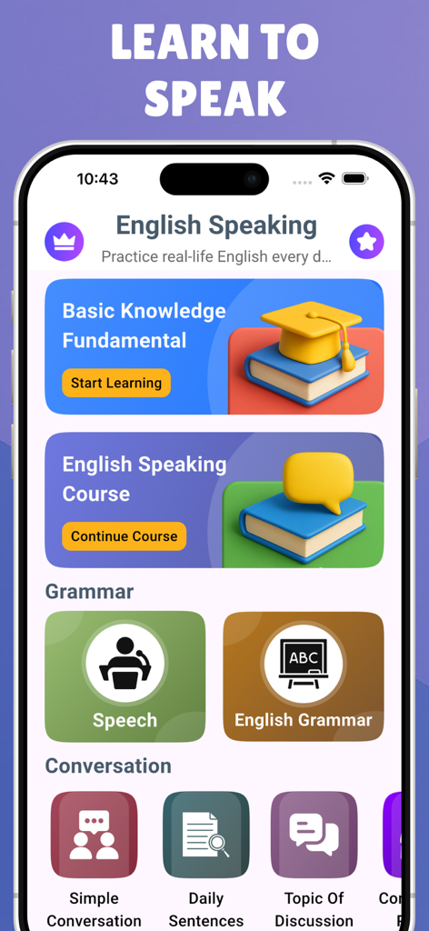 English Speaking Quick Course - Interfaz de la aplicación móvil English Speaking Quick Course mostrando módulos de aprendizaje para gramática, habla y conversación