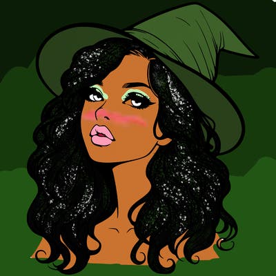 realistic witch girl with wavy hair and lips