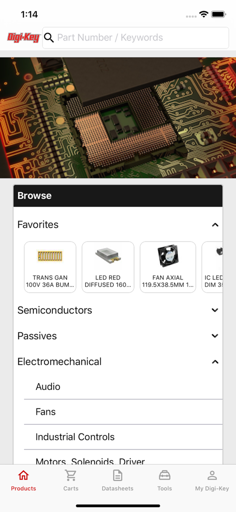 DigiKey app browse screen showing electronic component categories and favorite products