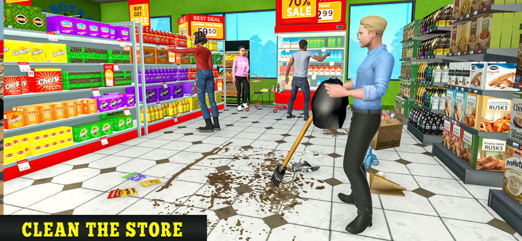 A store manager cleaning a spill on the tiled supermarket floor in a 3D simulation game