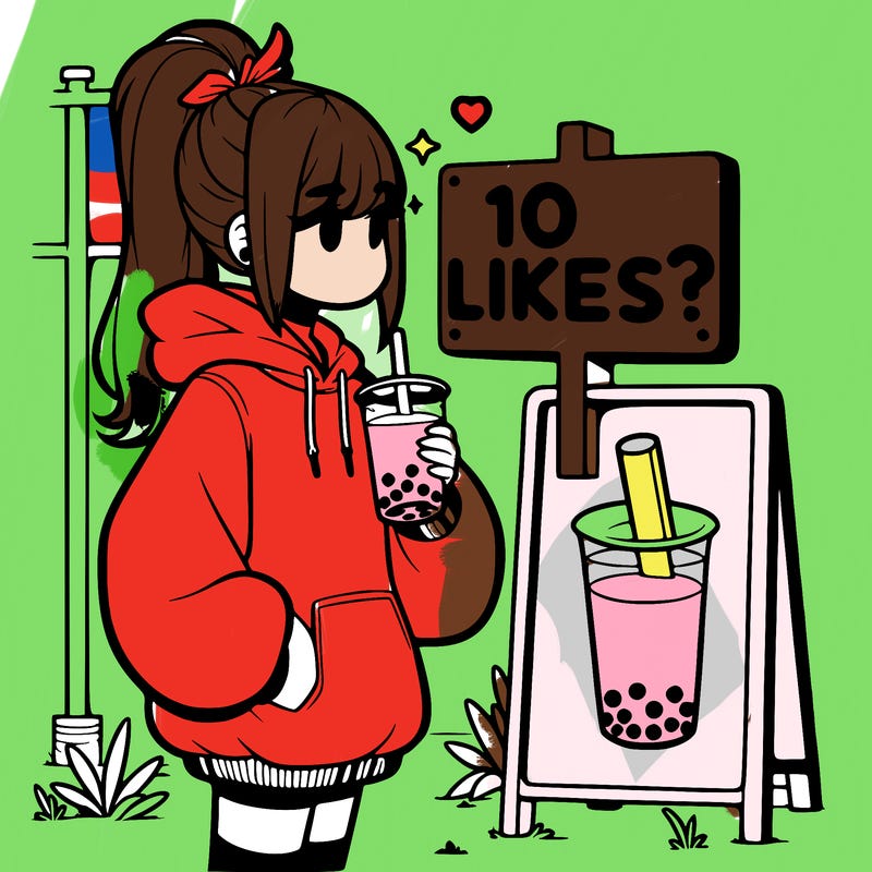 girl with oversized hoodie drinking boba and she has a high ponytail with a sign that says 10likes?