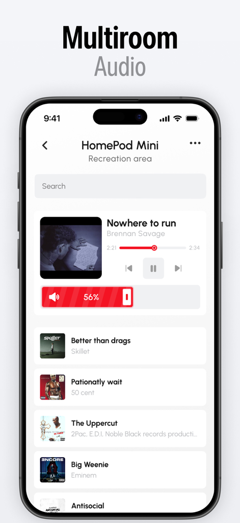 Smart Home: Remote Control App - Interfaz de la aplicación Control Remoto Hogar Inteligente que muestra controles de audio multihabitación para un HomePod Mini