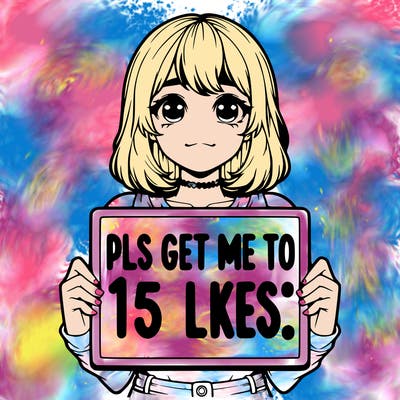 realistic girl holding up a sign that says “pls get me to 15 likes!”