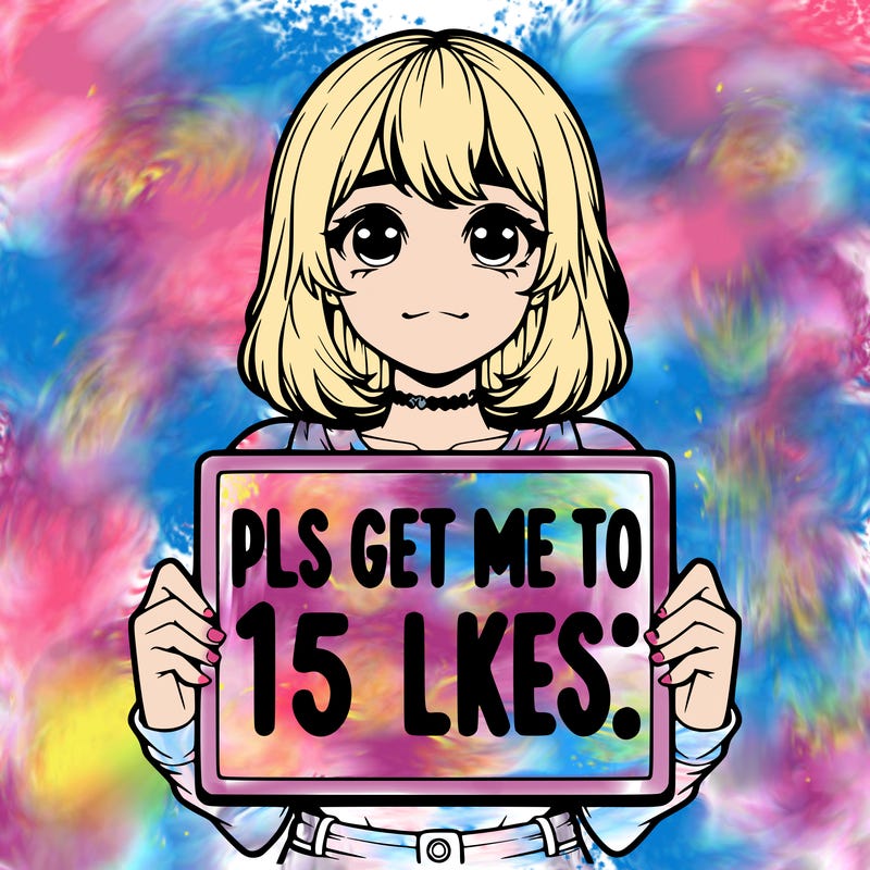 realistic girl holding up a sign that says “pls get me to 15 likes!”