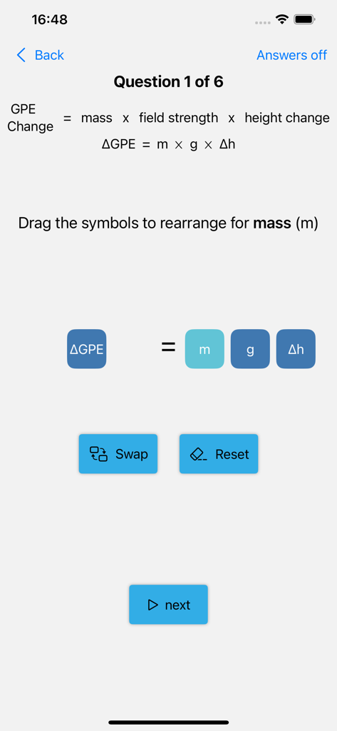 GCSE Equations Physics - An interactive quiz screen in the physics app where students drag symbols to rearrange the gravitational potential energy equation.