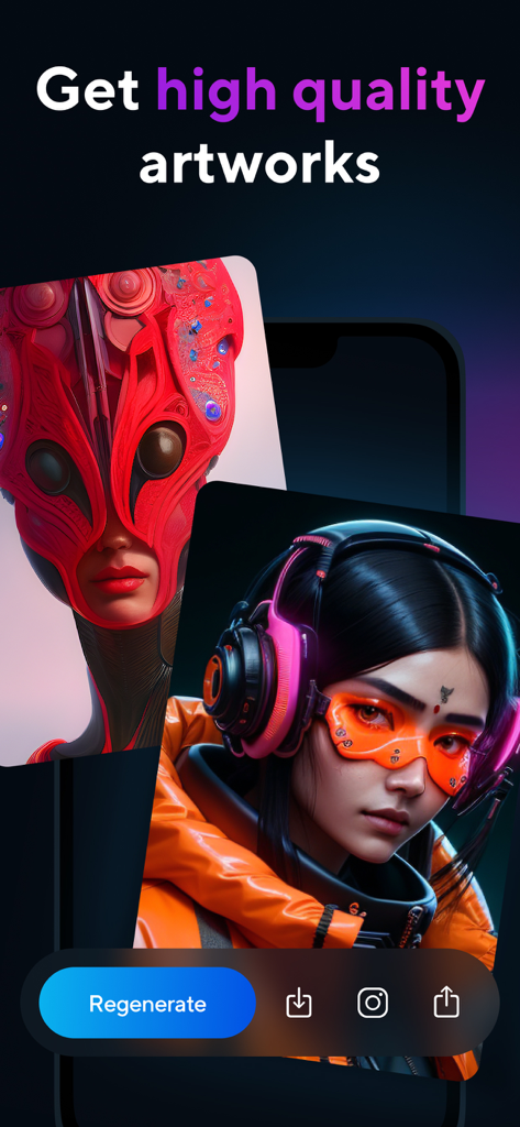 Artist.aiアプリのインターフェースに表示された高品質AI生成のサイバーパンクおよび未来的なアバター