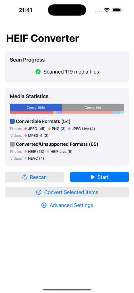 HEIF & HEVC Converter - Interface of the HEIF Converter app displaying scan progress and media statistics for photos and videos to be converted
