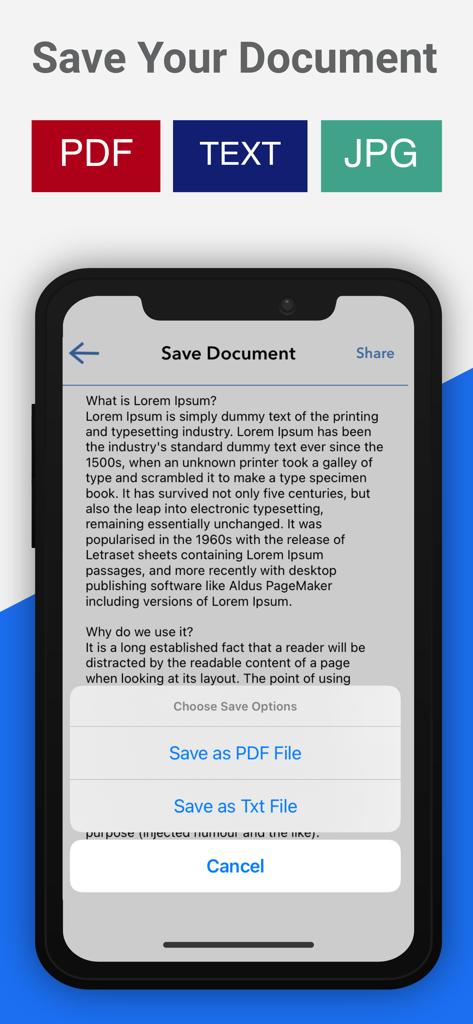 Mobile app interface showing options to save a scanned document in PDF, Text, or JPG formats.