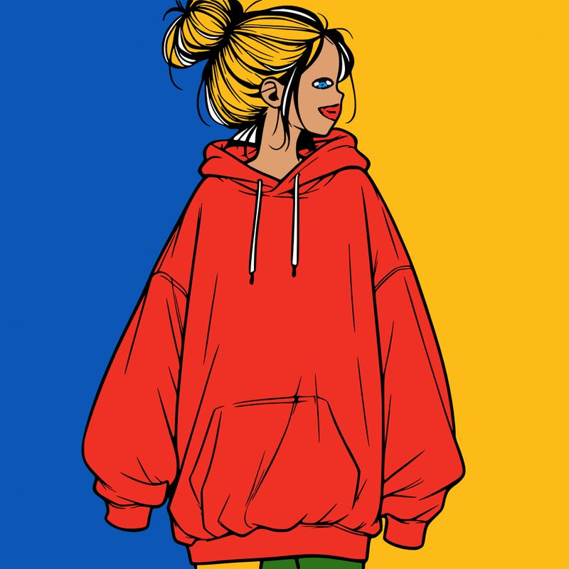 realistic girl with a oversized sweatshirt on and a bun