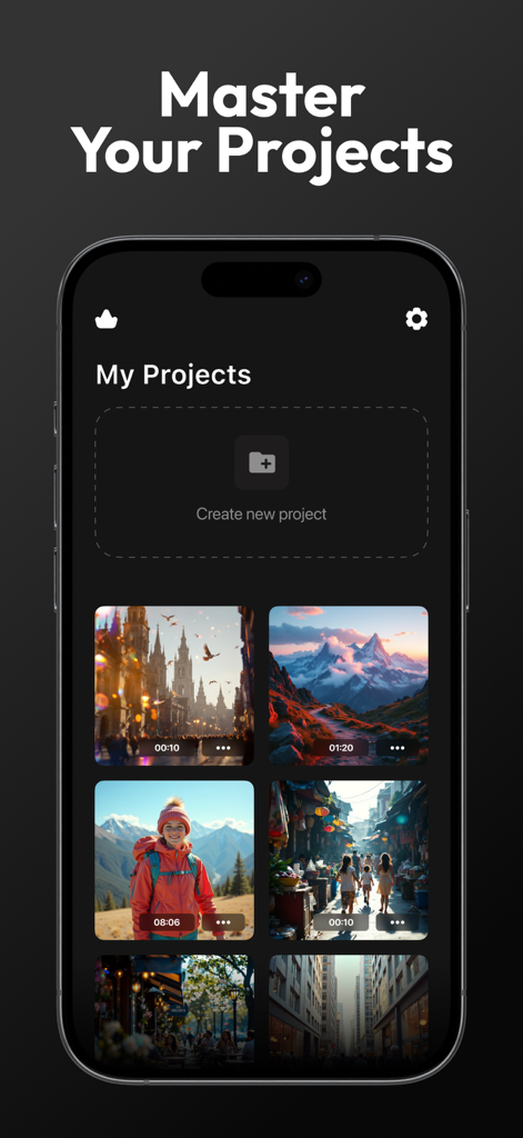 Video Speed Editor,Changer App - 동영상 속도 편집기 앱의 인터페이스, 아이폰 화면에 저장된 동영상 프로젝트 모음 표시