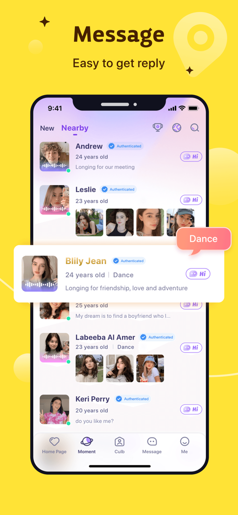 Pantalla de la aplicación MeYo que muestra una lista de perfiles autenticados cercanos para mensajería rápida e interacción social.