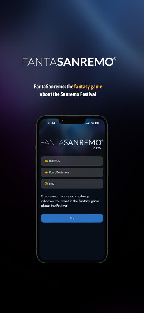 FantaSanremo - Pantalla de inicio de la aplicación FantaSanremo para el juego de fantasía sobre el Festival de Sanremo