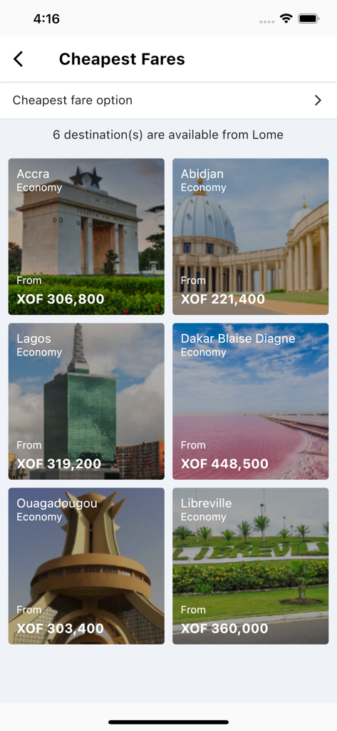 ASKY Airlines - Application ASKY Airlines montrant les tarifs de vols les moins chers de Lomé vers diverses destinations d'Afrique de l'Ouest