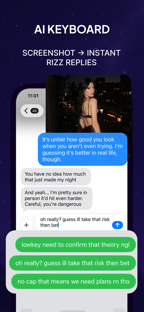 Rizzio: Rizz AI Keyboard - Rizzio AI keyboard displaying multiple Gen-Z style reply suggestions for a dating chat conversation