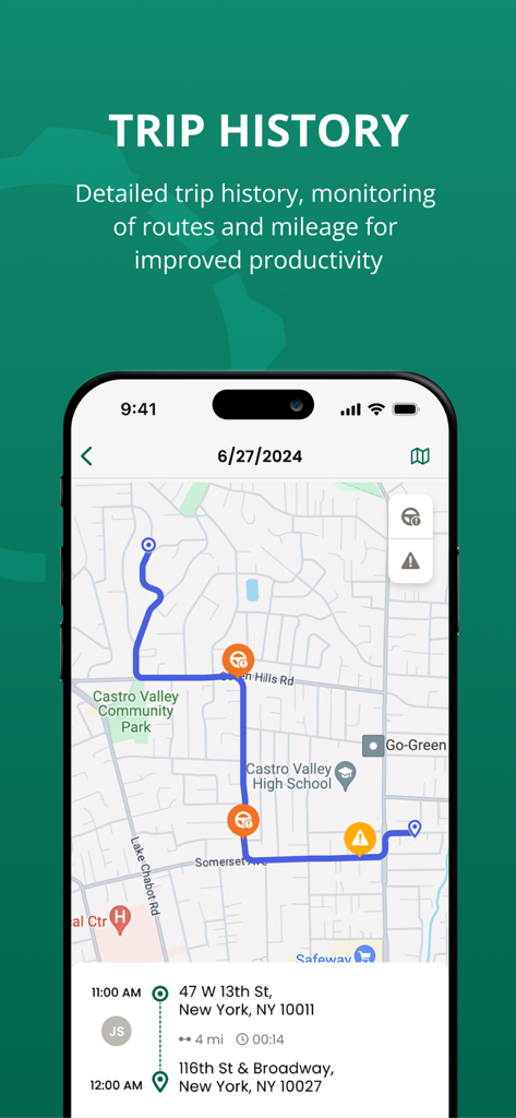 Powerfleet Manager - A smartphone screen displaying the trip history feature of the Powerfleet Manager app with a route mapped out and travel details.