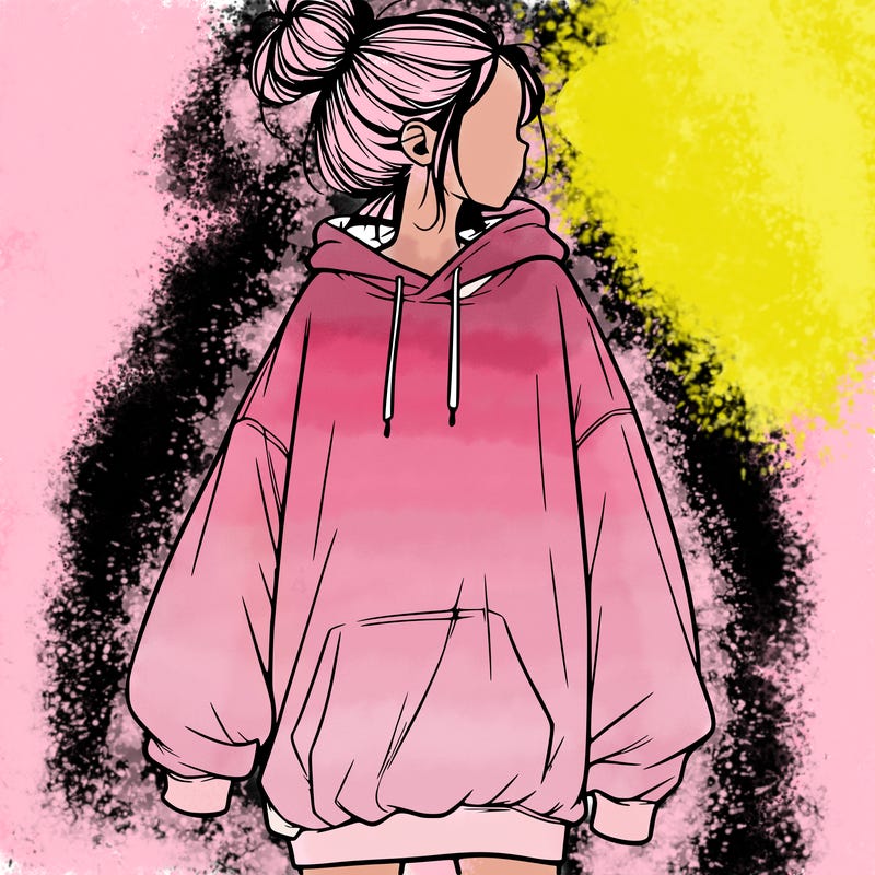 realistic girl with a oversized sweatshirt on and a bun