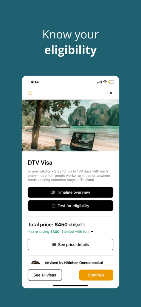 Issa Compass app screen showing Thailand DTV visa eligibility and details for digital nomads