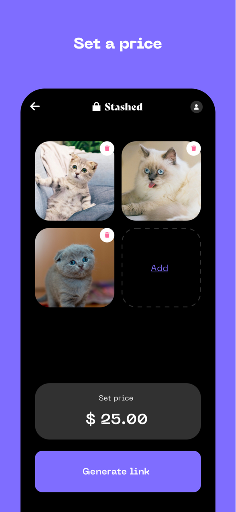 Stashed - Sell Private Files - Stashedアプリのインターフェイスに、猫の写真が25ドルの価格設定で表示されており、「リンクを生成」ボタンがあります。